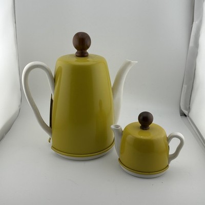 Vintage MCM Yellow Tea Pot with Matching Creamer Pitchers Eames Era