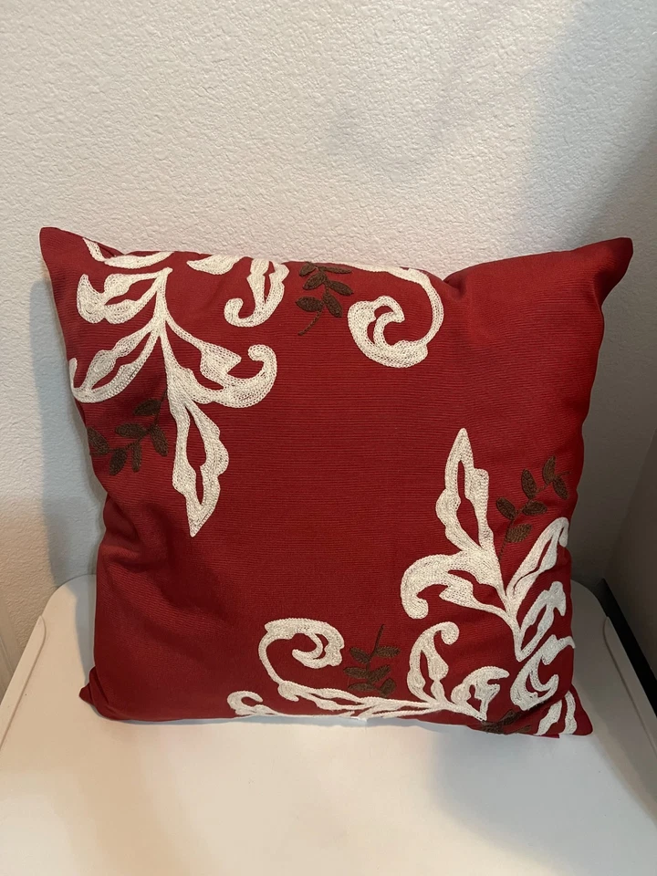 Decorative Indoor/Outdoor Throw Pillow Red Brown and White Embroidered  17 x 17 - Image 2 of 4