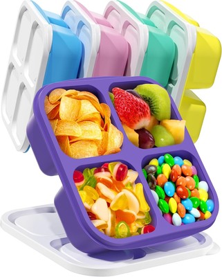 5 Pcs Bento Snack Containers, Reusable 4 Compartment Standard, White Lids 