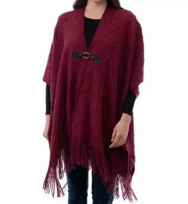 New Style & Co. Women's Fringe-Trim Toggle-Buckle Red Poncho Sweater ONE SIZE