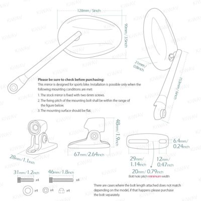 VAWiK convex mirrors chrome ELLIPSE chrome base fits Kawasaki