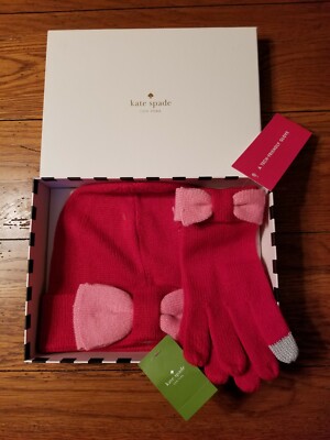NWT Womens Kate Spade Beanie Hat And Glove Box Set Red Pink 