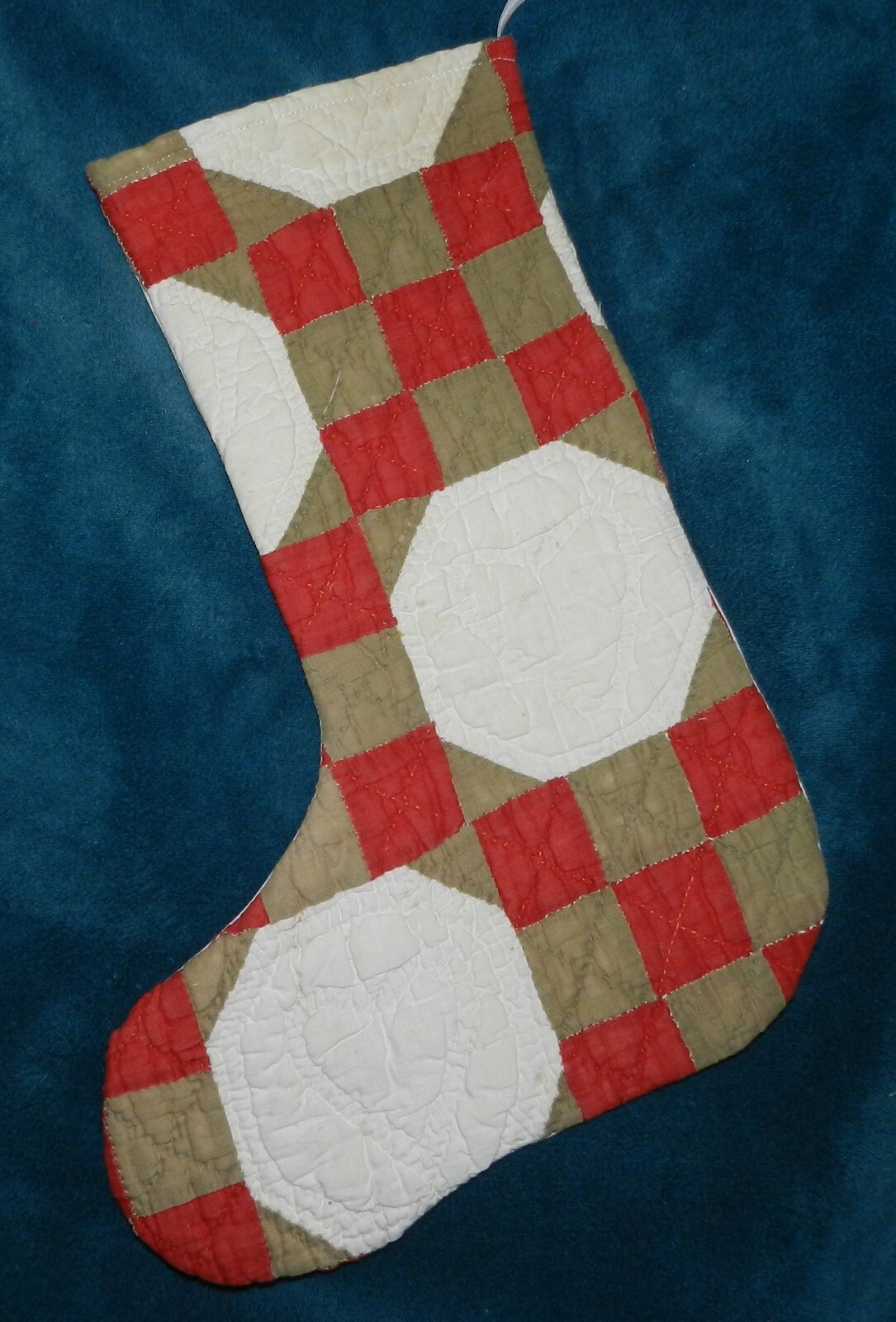 ANTIQUE VINTAGE RED, BROWN & WHITE QUILT CHRISTMAS STOCKING! 23-133