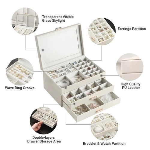 Jewelry Storage Box Clear Flip Lid Double Layer Drawer Organizer Earings Rings - Picture 10 of 16