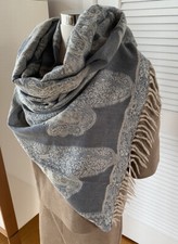 Italian Vintage designer Paisley Jacquard beige steel blue oversized scarf Shawl