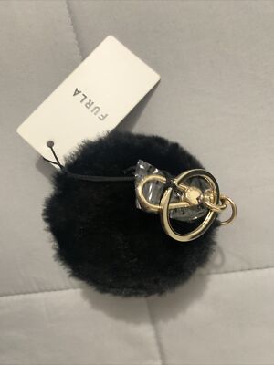 FURLA ★ Classic Charm Furla Faux Fur Round Coin Purse Bag Charm Keychain Nero