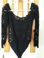 Women  s Black Long Sleeve Stretch Lace Bodysuit, L