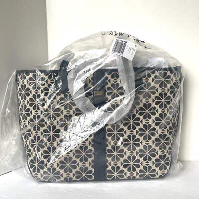 【最終SALE】kate spade 新品花柄バッグ Kate Spade Flower Jacquard Medium Open Tote Black Leather Snap