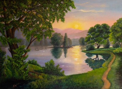 Large Summer Landscape Original Oil Painting Riverside Lake Sunset 23.6x31.4in