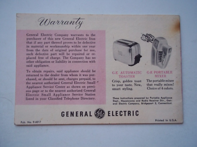 GE Steam and Dry Iron 年代物 レトロ 動作確認済み 1960s GE Steam And Dry Iron Use And Care Book 8 pp Booklet GENERAL