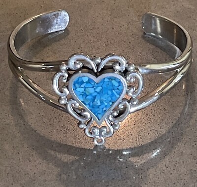 Vintage EGE 90 Turquoise Chips Heart Silver Tone Cuff Bracelet~ Southwestern