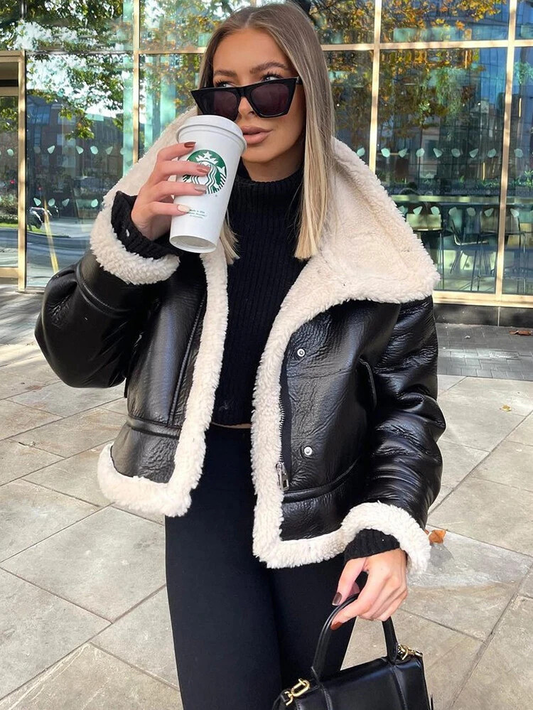 Women's Motorcycle Leather Jacket Warm Vintage PU Jackets