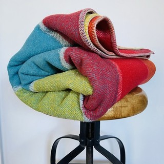 Vintage Bright Bold Checked Blanket Rainbow Colours Wool? 214x170cm Single