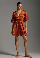 Farm Rio x Anthropologie Printed V-Neck Tunic Dress Orange Floral Women’s S