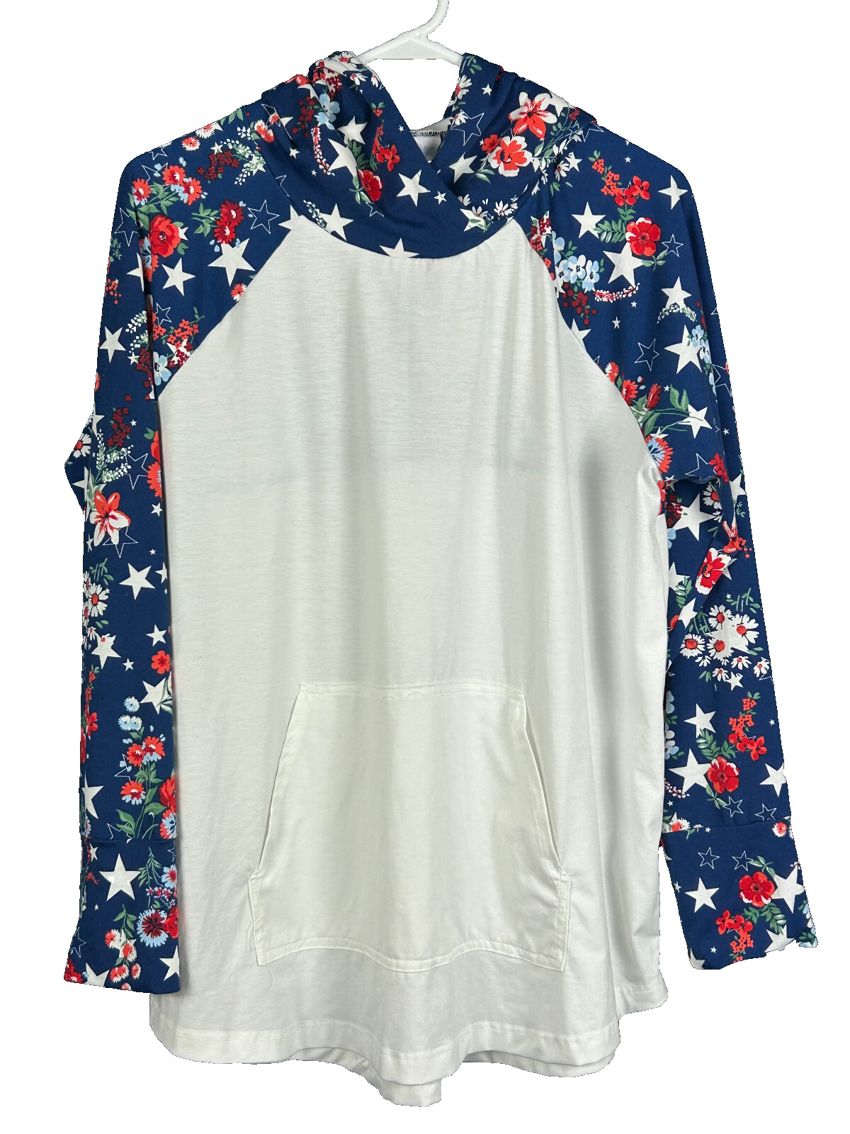 Lularoe Amber Hoodie T Shirt XL Solid White And Floral Stars Pouch Pocket