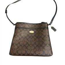 Coach Signature Zip File Brown Canvas Black Leather Crossbody F58297