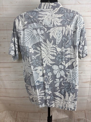 Floral Hawaiian Mens Large Aloha Shirt Button Up Blue Hibiscus Reverse Print - Picture 13 of 14