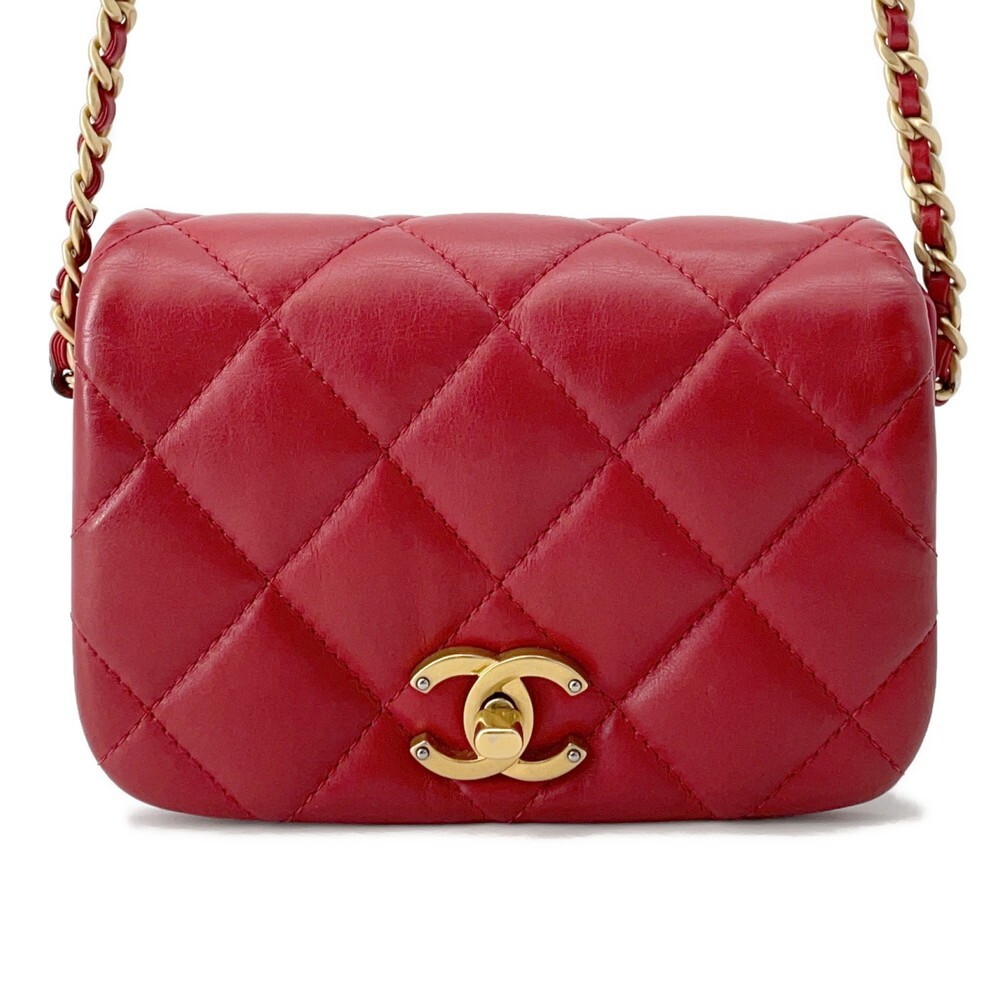 CHANEL Lambskin Coco Mark Matelass Chain Shoulder Bag in Red