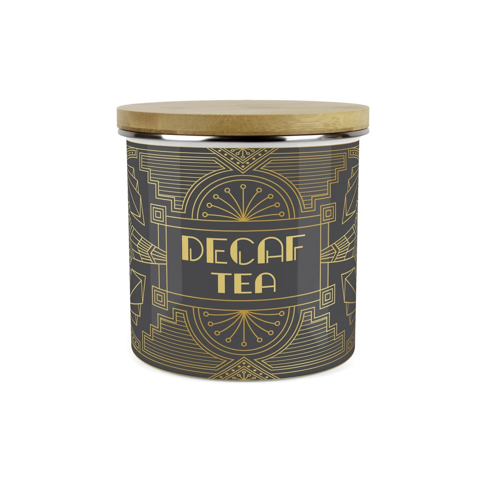 Vintage Glamour Decaf Tea Canister - Charcoal & Gold Retro Kitchen Storage Jar