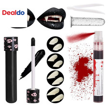 Fake Blood Spray and Vampire Fangs Teeth Set, 4 Pairs 4 Sizes Fangs with Solid A
