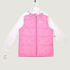 Nike Girls Vest Long Slv Tee Set Pink White Swoosh Print Puffer Size 6X