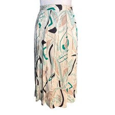 Vintage 90s Abstract Art Pleated Midi Skirt Neutral Green Tan Geometric Print
