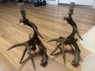 Deer Antler Table Lamps Pair W/Fabric Bell Shades Lodge Wildlife Theme(Read)