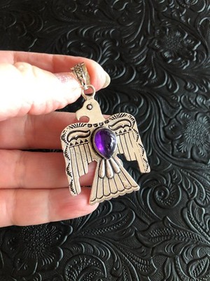 Thunderbird Pendant Stamped Purple Amethyst 2.25  Artisan Made