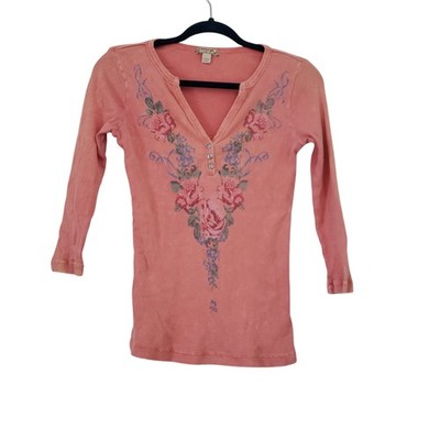 Y2K Energe Pink Floral 3/4 Sleeve Top Casual Boho Country Cowgirl Everyday