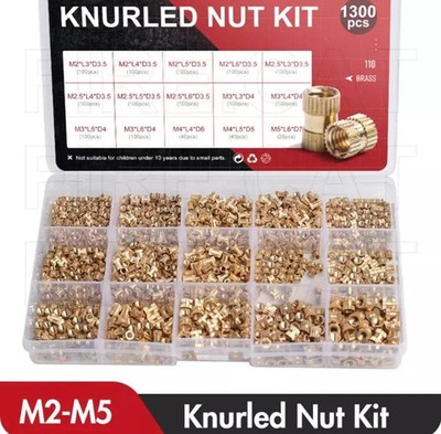 1300 Stck. M2-M5 verschiedene Messing Zylinder Rändelmuttern Rundeinsatz eingebettet Pack Koffer