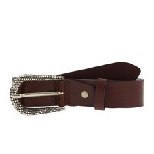 Women's dark brown leather belt with metal scaled buckle