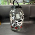 Vintage Anchor Hocking Sun Tea Jar W/ Cow Pattern And Red Barn Pattern At Bottom