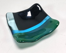 Fused Glass Square Trinket Dish Blue Green Sparkle Elegant Handmade