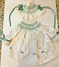 Vintage Precious Smocked Baby Infant Or Doll Gown Mint Pink Bonnet Rosettes
