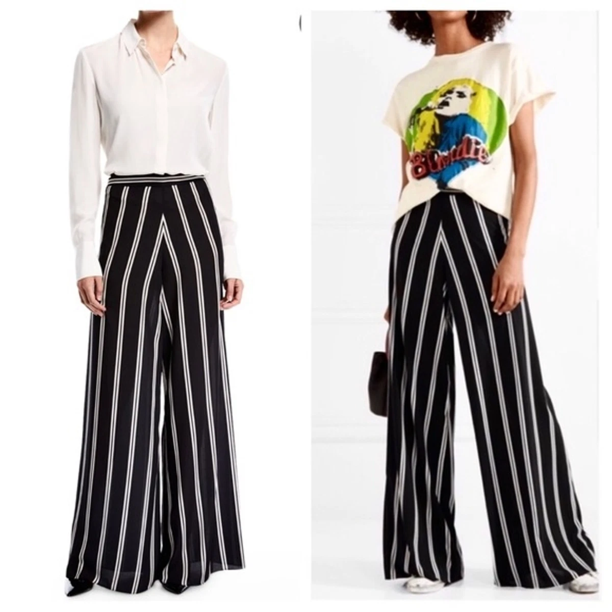 Alice + Olivia Athena wide leg pants striped silky polyester black white 2