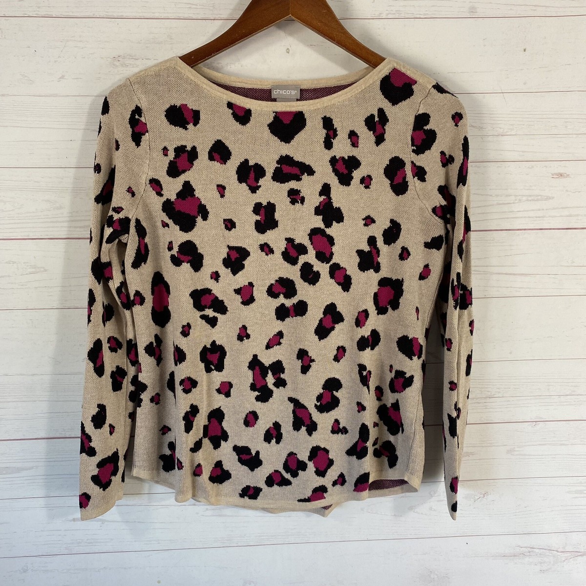 Chico's Animal Print Long Sleeve Sweater Top Sz Small Beige Pink Boat Neck  Rayon