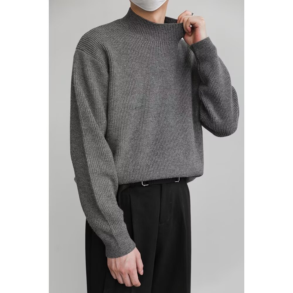Retro Fashion Sweater Men's High Neck Casual Knit Sweater Solid