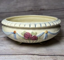 Vtg Early American Pottery Bulb Planter Corinthian Roses Blue Swag 7x3”