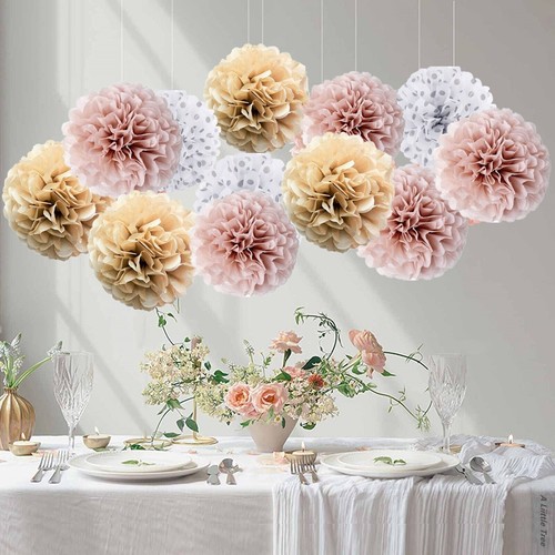 12PCs PINK Theme Mixed Tissue Pom Poms Paper Pompoms Fluffy Flower Ball Party - Picture 21 of 67