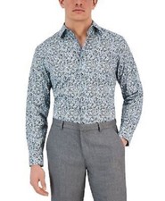 Bar III Mens Arte Slim-Fit Floral-Print Dress Shirt Long Sleeve Olive Blue