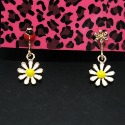 Betsey Johnson Crystal Daisy Lady Bug Gold Drop Dangle Earrings Free Gift Bag