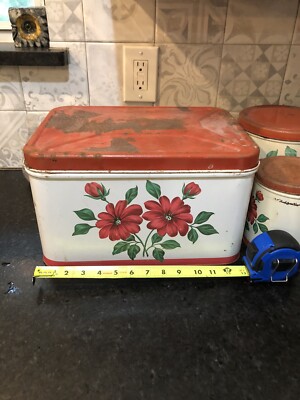 Vintage Rectangle Tin Bread Box with Air Holes Red Floral w four