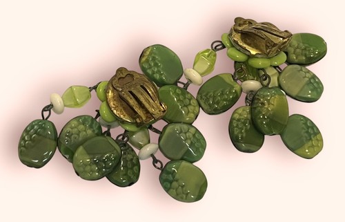 VTG West Germany Earrings Green Glass Beaded Clip On ChaCha Dangle Chandelier - Picture 5 of 6