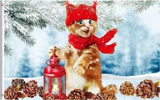 Christmas Cat w/Lantern Tree Snowflakes Seasonal Flag 3' x 5' w/Brass Grommets