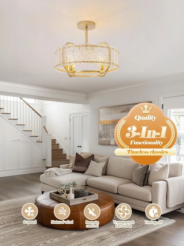 Beiduna - Ventilador de techo con araña de cristal dorado de 20" Foto 3 de 4