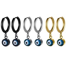 2pcs Men Women Stainless Steel Evil Eye Drop Dangle Hoop Huggie Earrings Pierced