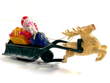 vtg Christmas celluloid viscoloid Santa Claus on Sleigh Reindeer toy bell japan