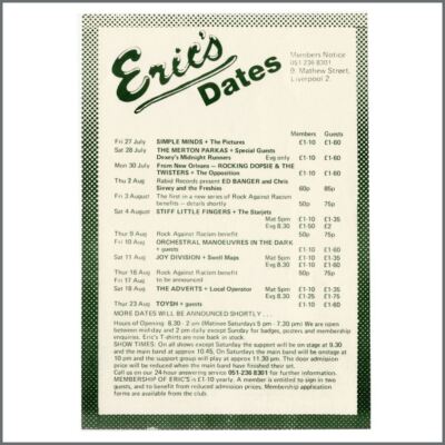 Joy Division 1979 Eric s Liverpool Concert Handbill Flyer (UK)