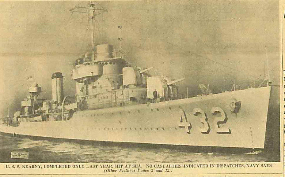 US DESTROYER KEARNY TORPEDOED BY GERMAN U-BOAT OCTOBER 17 1941