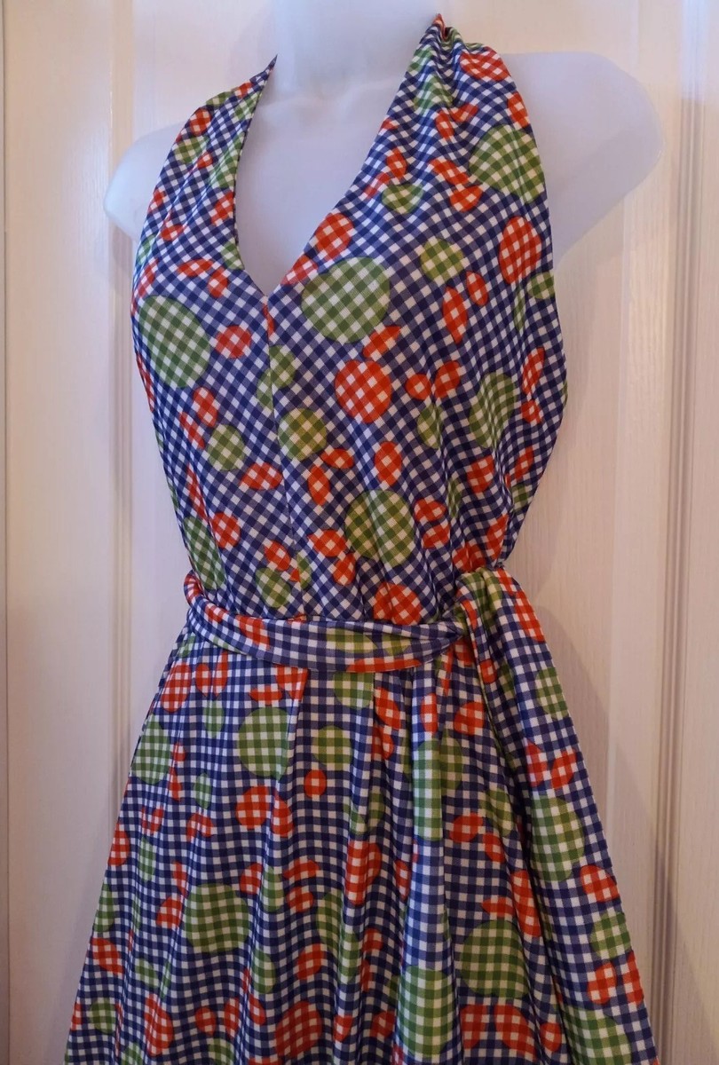 Vintage 70s Jonathan Logan Hippie Groovy Apple Polka-dot Halter Maxi Dress  S/M